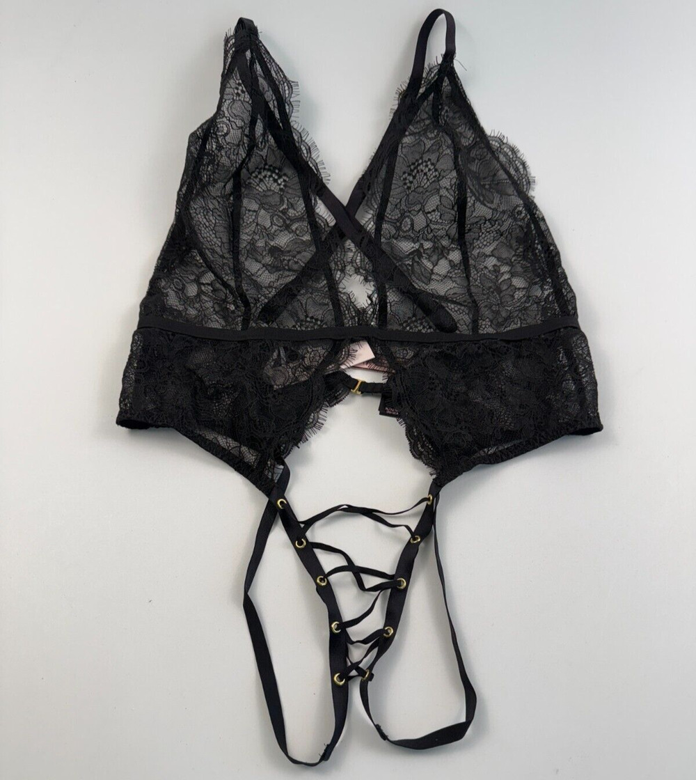 Victoria's Secret Lace Racerback Teddy w/Drawstring & Rings Black Size XL NWT